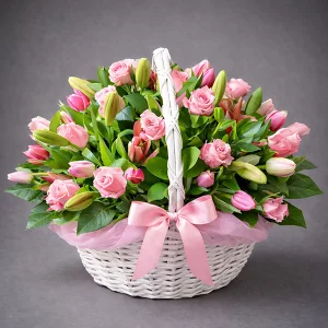 Красная шапочка - корзина из розовых роз и тюльпанов